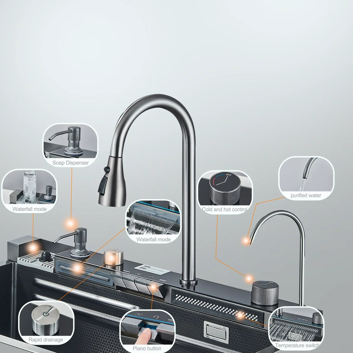 Kitchen Sink Stainless Steel Digital Faucet & Soap Dispenser
