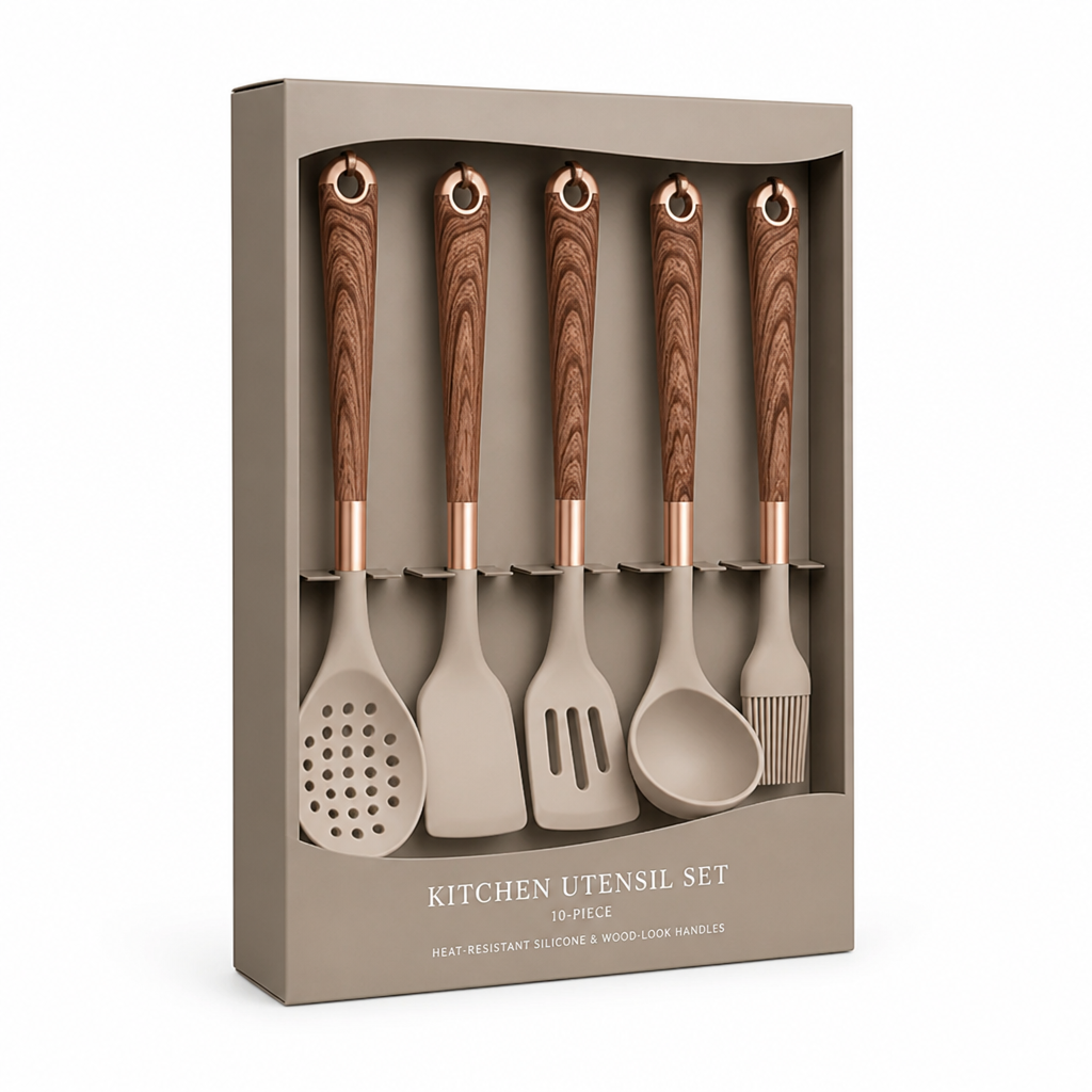 Kitchen Utensil Set 10-Piece Heat-Resistant Silicone & Wood-Look Handles
