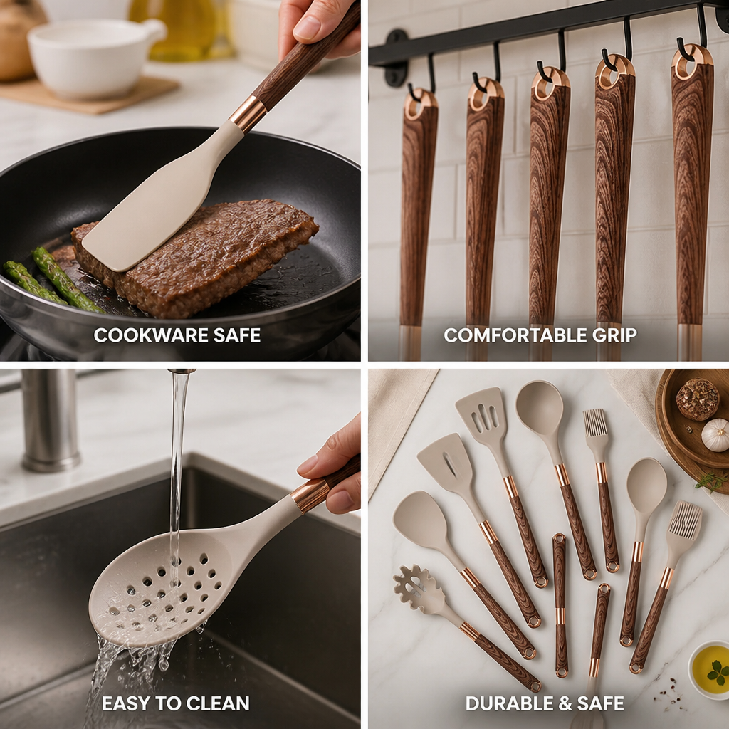 Kitchen Utensil Set 10-Piece Heat-Resistant Silicone & Wood-Look Handles