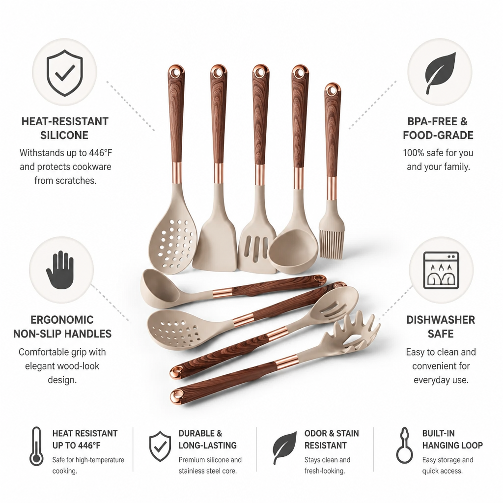 Kitchen Utensil Set 10-Piece Heat-Resistant Silicone & Wood-Look Handles