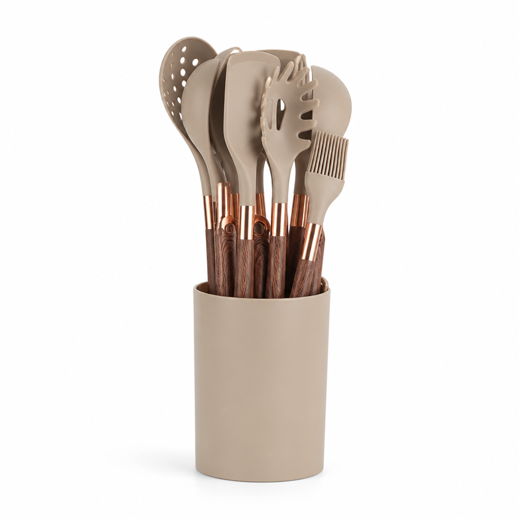 Kitchen Utensil Set 10-Piece Heat-Resistant Silicone & Wood-Look Handles