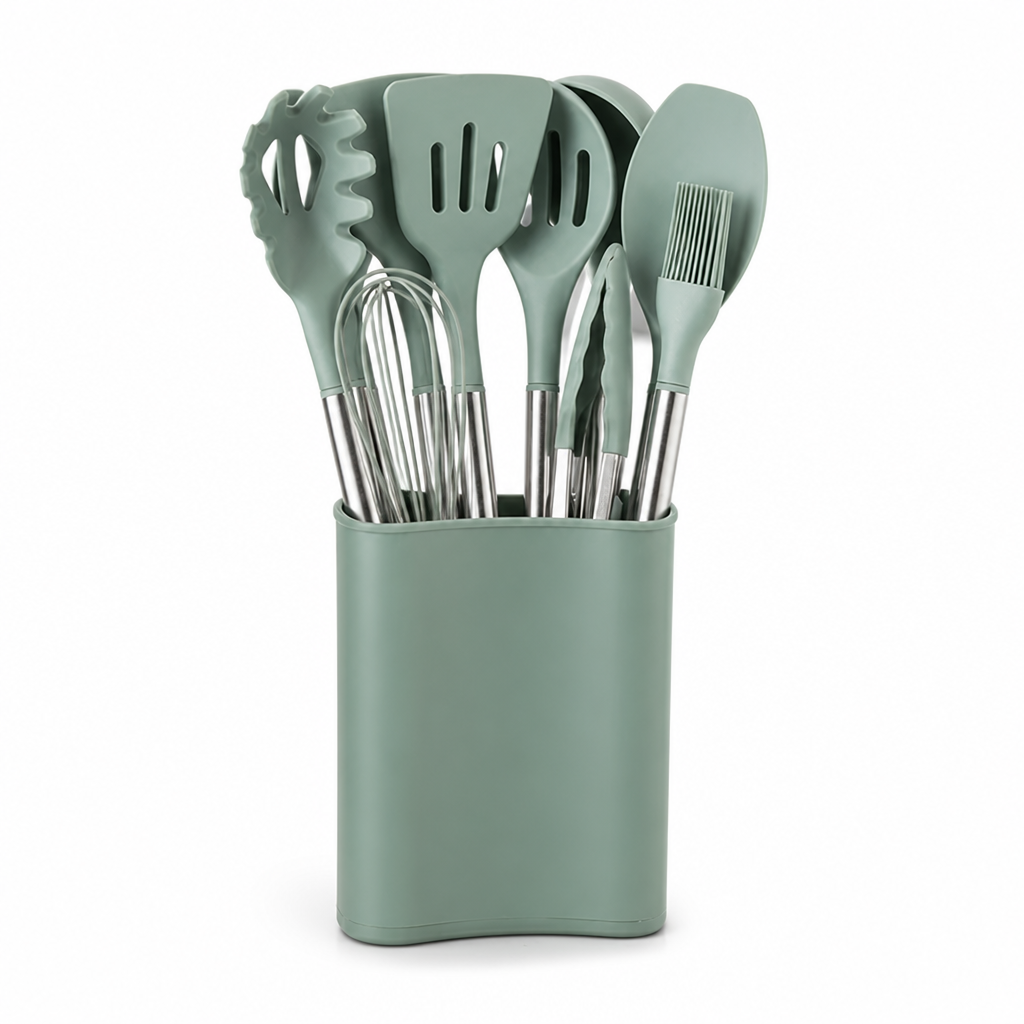 Kitchen Utensil Set 11-Piece Heat-Resistant Silicone Wood-Look Handles