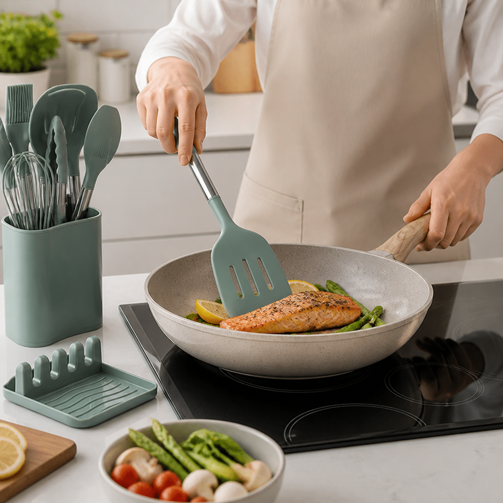 Kitchen Utensil Set 11-Piece Heat-Resistant Silicone Wood-Look Handles