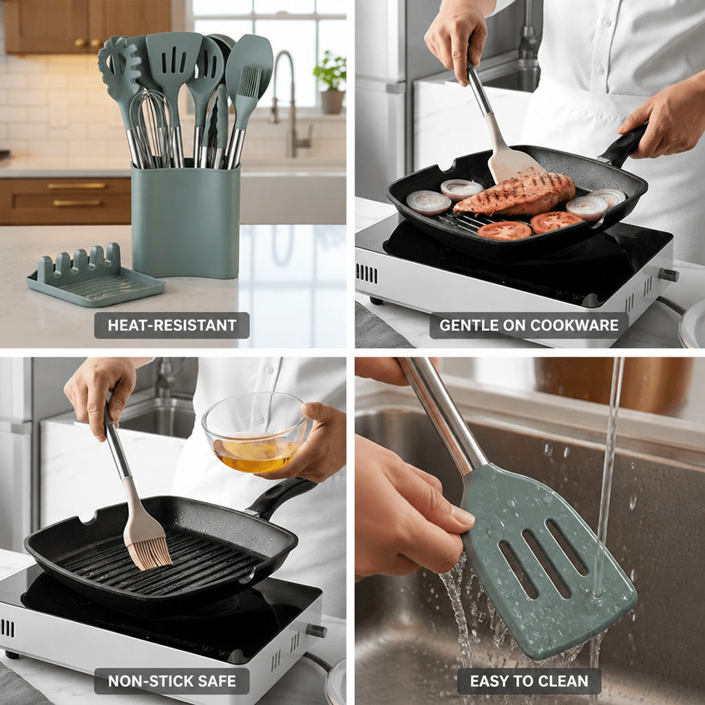 Kitchen Utensil Set 11-Piece Heat-Resistant Silicone Wood-Look Handles