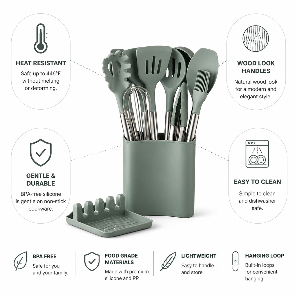 Kitchen Utensil Set 11-Piece Heat-Resistant Silicone Wood-Look Handles