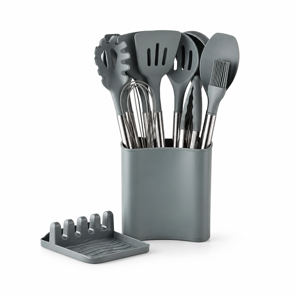 Kitchen Utensil Set 11-Piece Heat-Resistant Silicone Wood-Look Handles