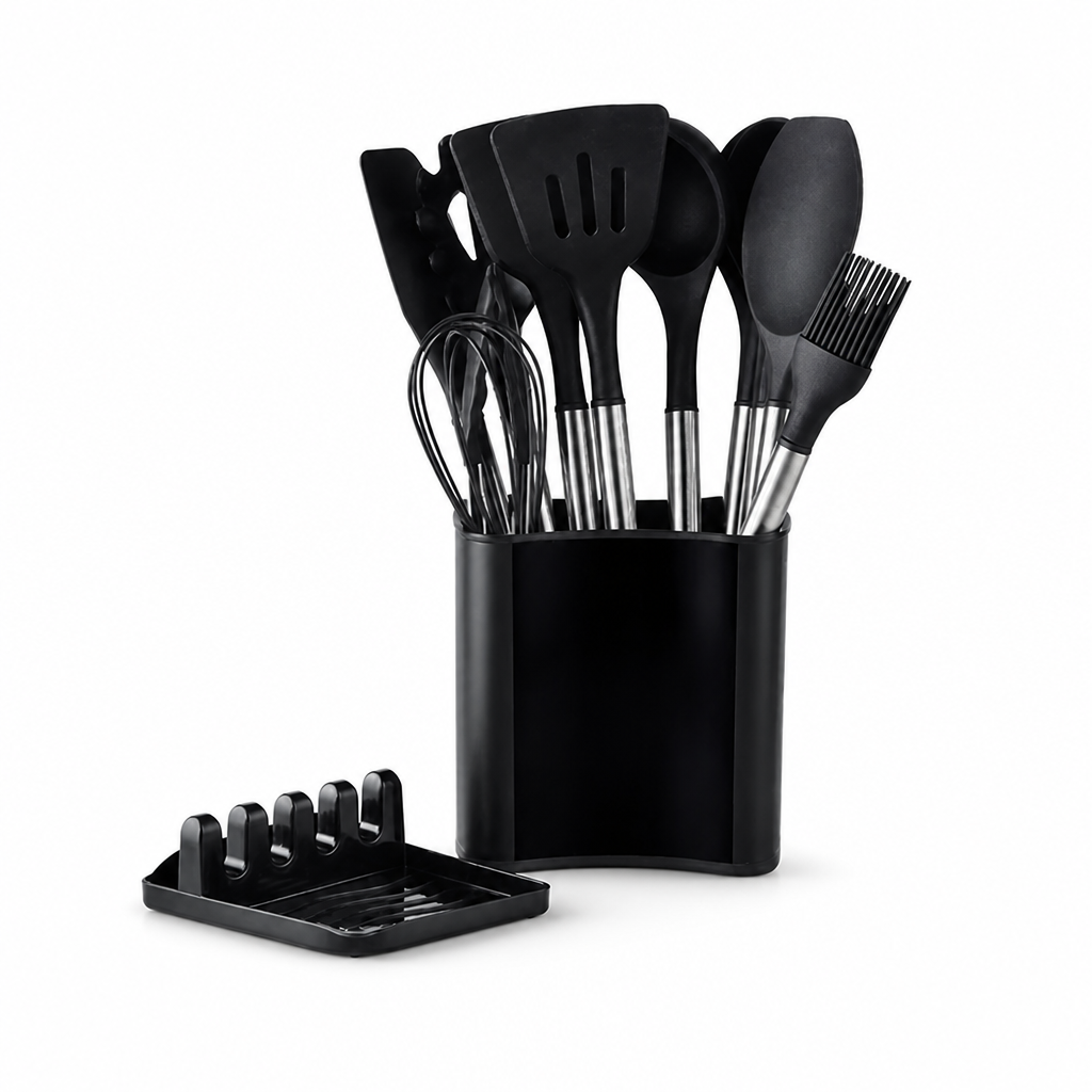 Kitchen Utensil Set 11-Piece Heat-Resistant Silicone Wood-Look Handles