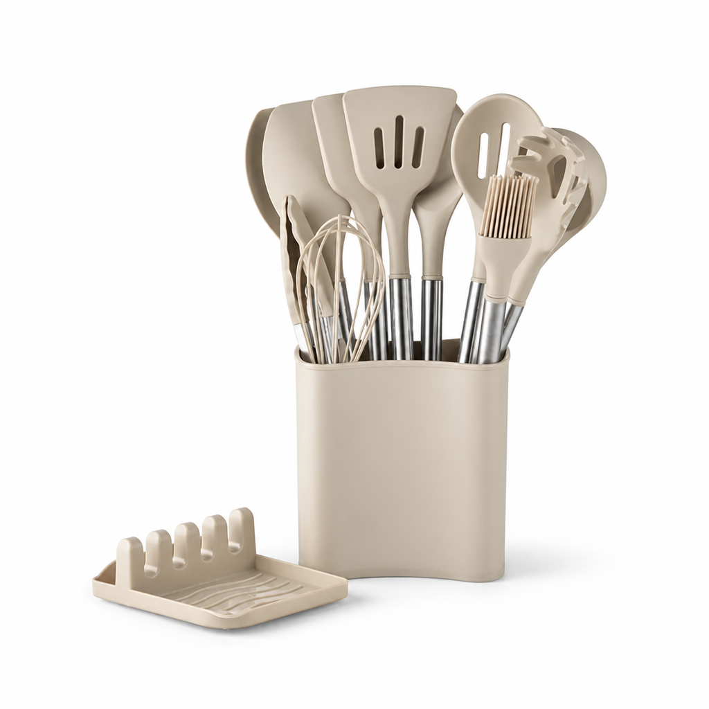 Kitchen Utensil Set 11-Piece Heat-Resistant Silicone Wood-Look Handles