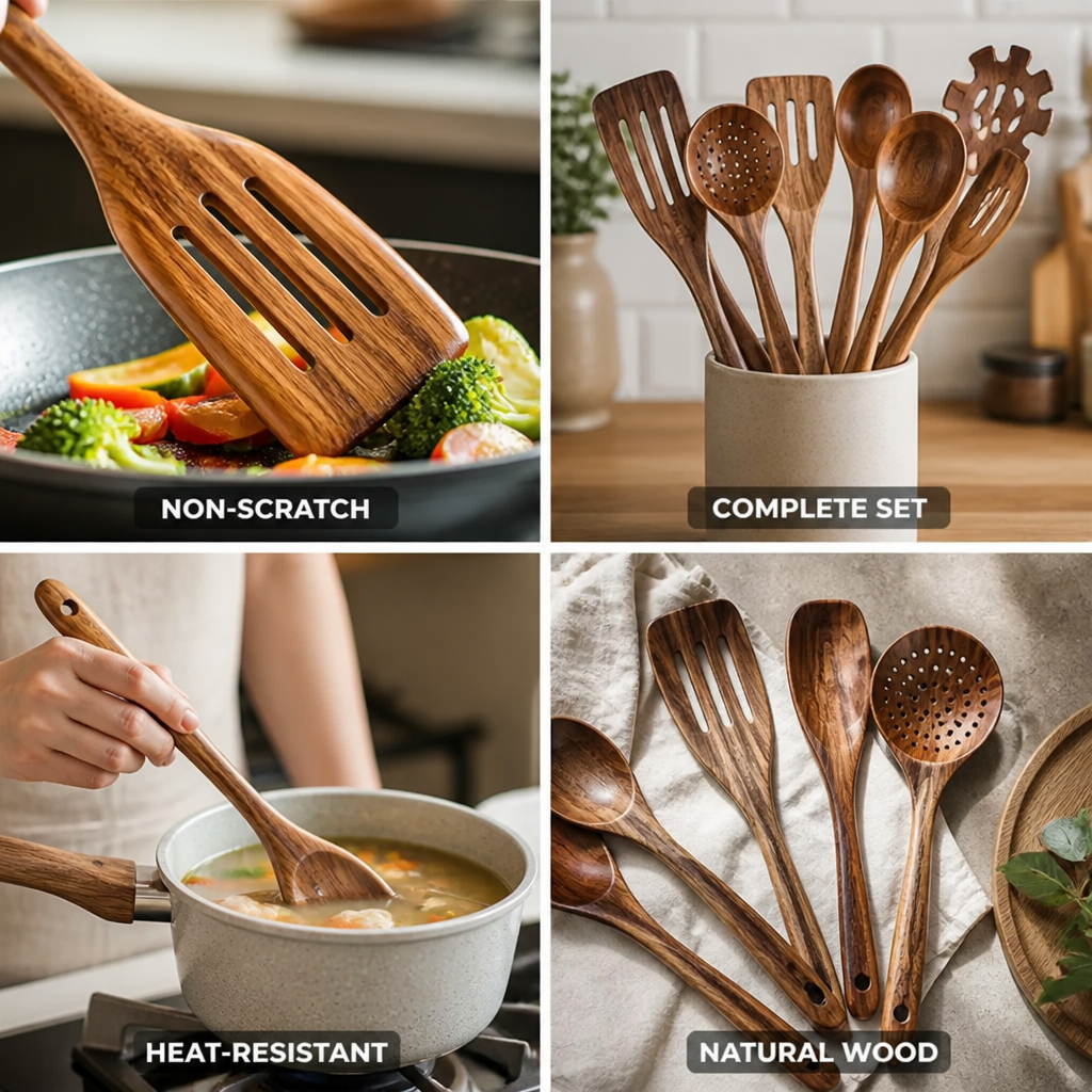 Kitchen Utensil Set Heat-Resistant Wood Non-Scratch Set of 11
