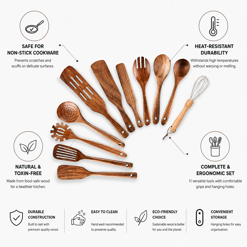Kitchen Utensil Set Heat-Resistant Wood Non-Scratch Set of 11