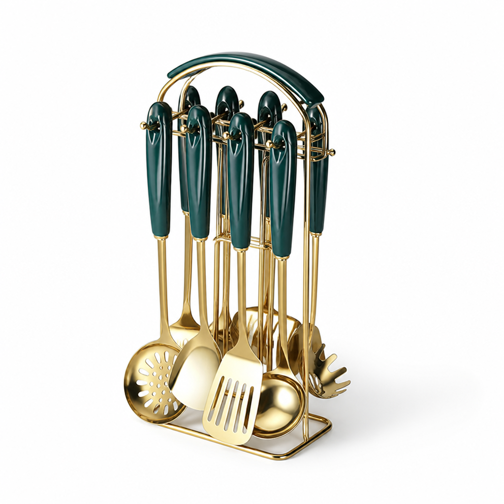 Kitchen Utensil Set Stainless Steel Ceramic Handles Hanging Rack