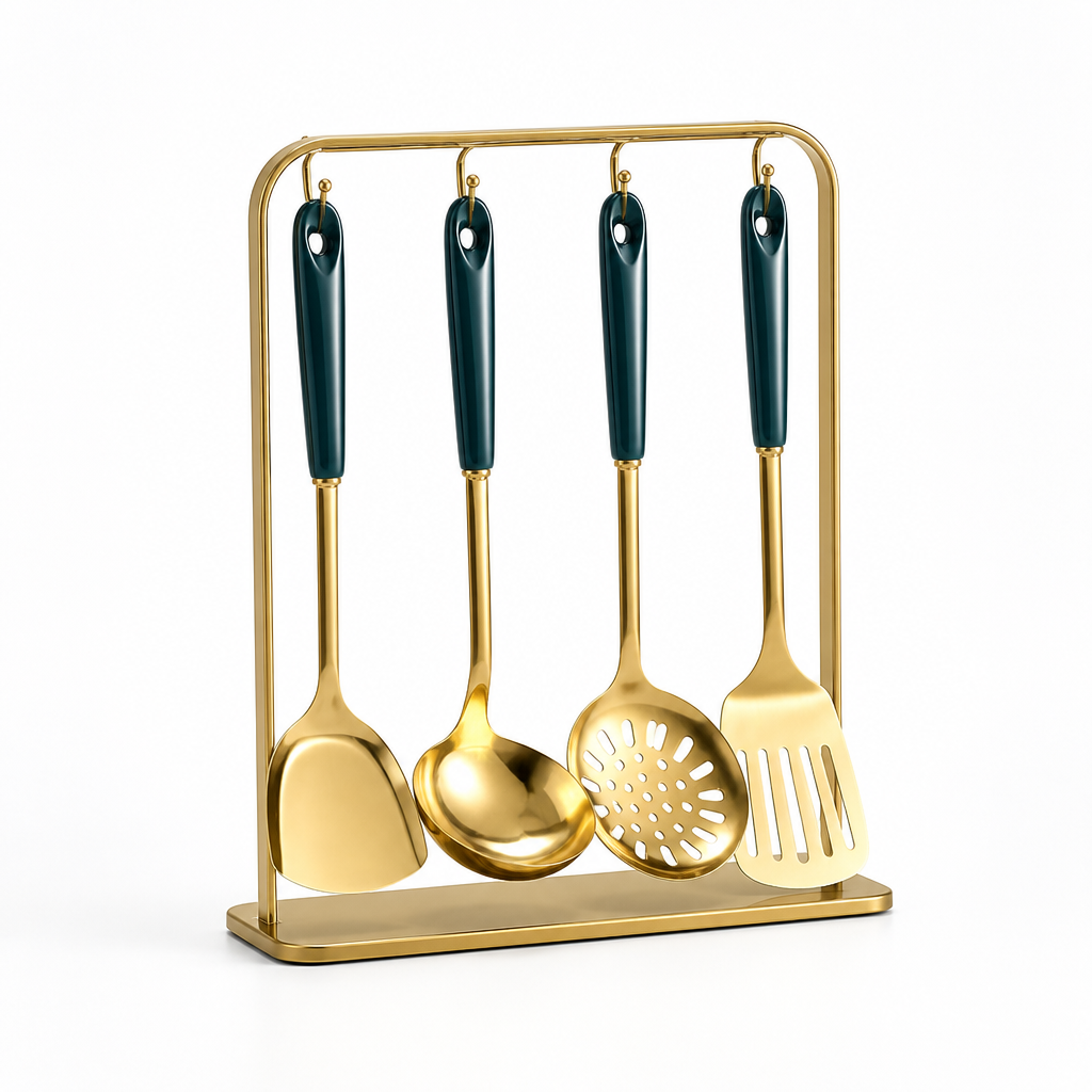 Kitchen Utensil Set Stainless Steel Ceramic Handles Hanging Rack