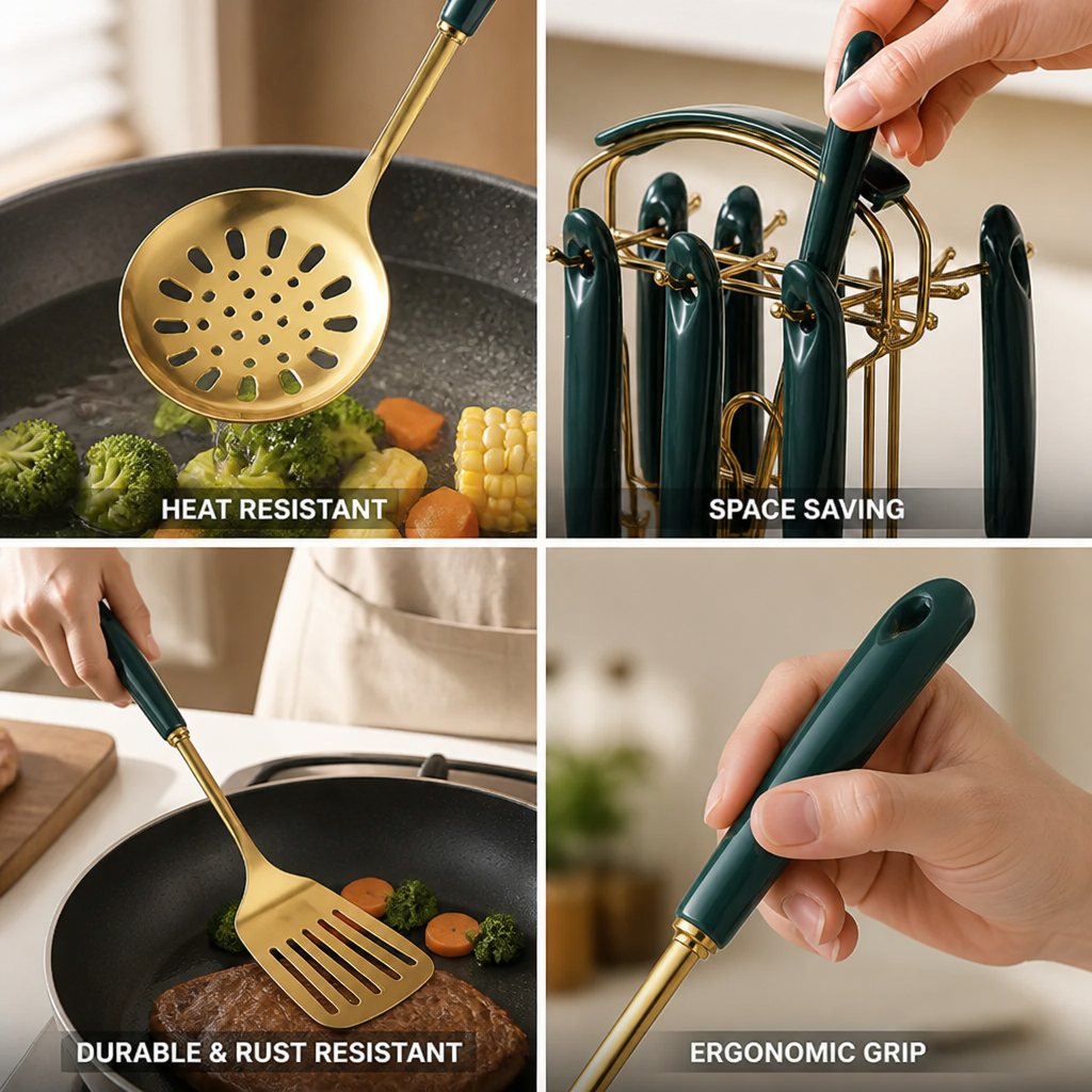 Kitchen Utensil Set Stainless Steel Ceramic Handles Hanging Rack