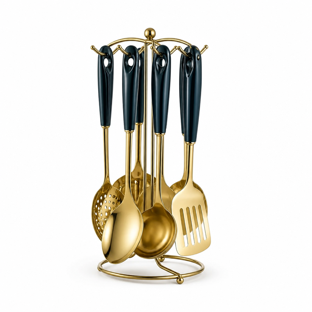 Kitchen Utensil Set Stainless Steel Ceramic Handles Hanging Rack