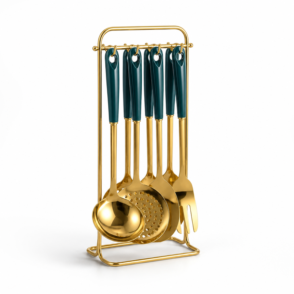 Kitchen Utensil Set Stainless Steel Ceramic Handles Hanging Rack