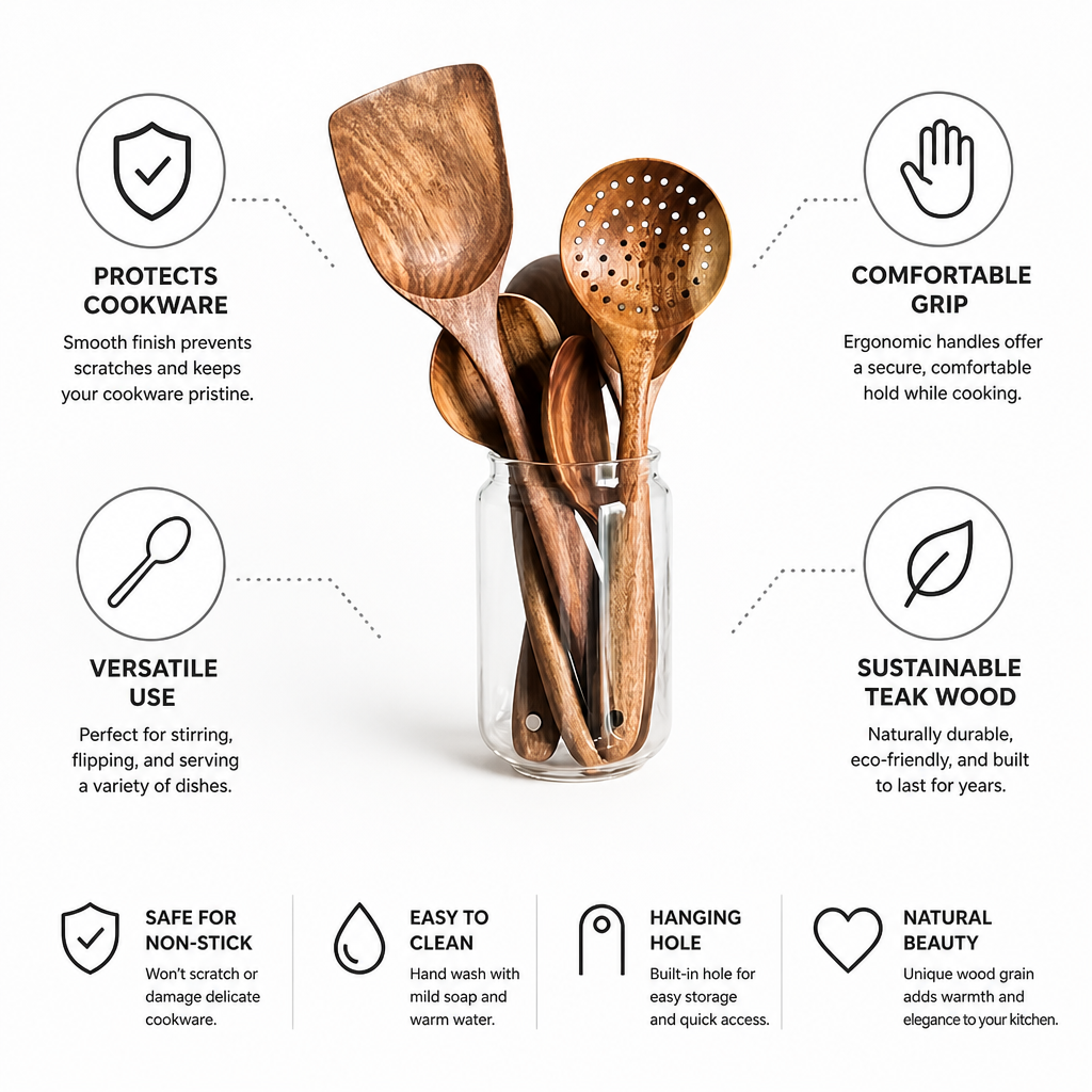 Kitchen Utensil Set Sustainable Teak Ergonomic Handles