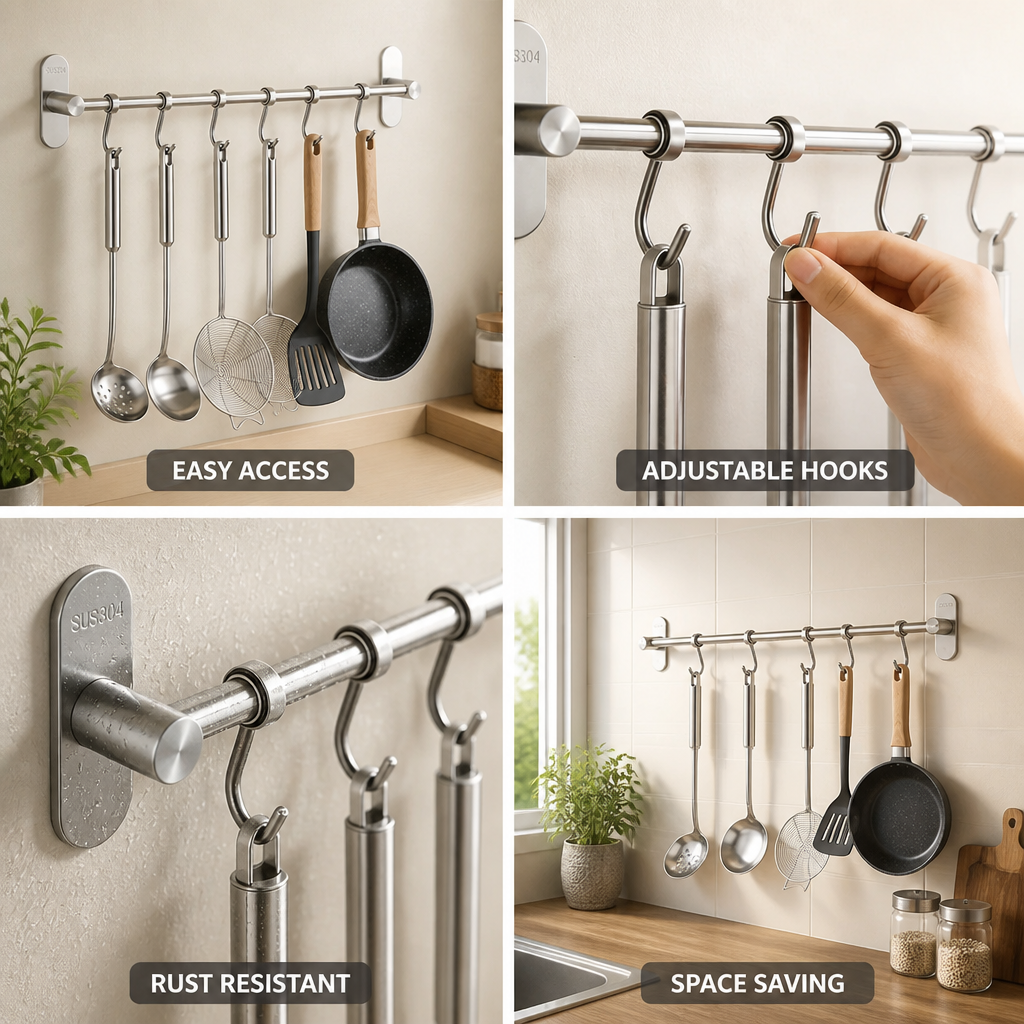 Kitchen Wall Hook Rack 304 Stainless Steel 6 Hooks