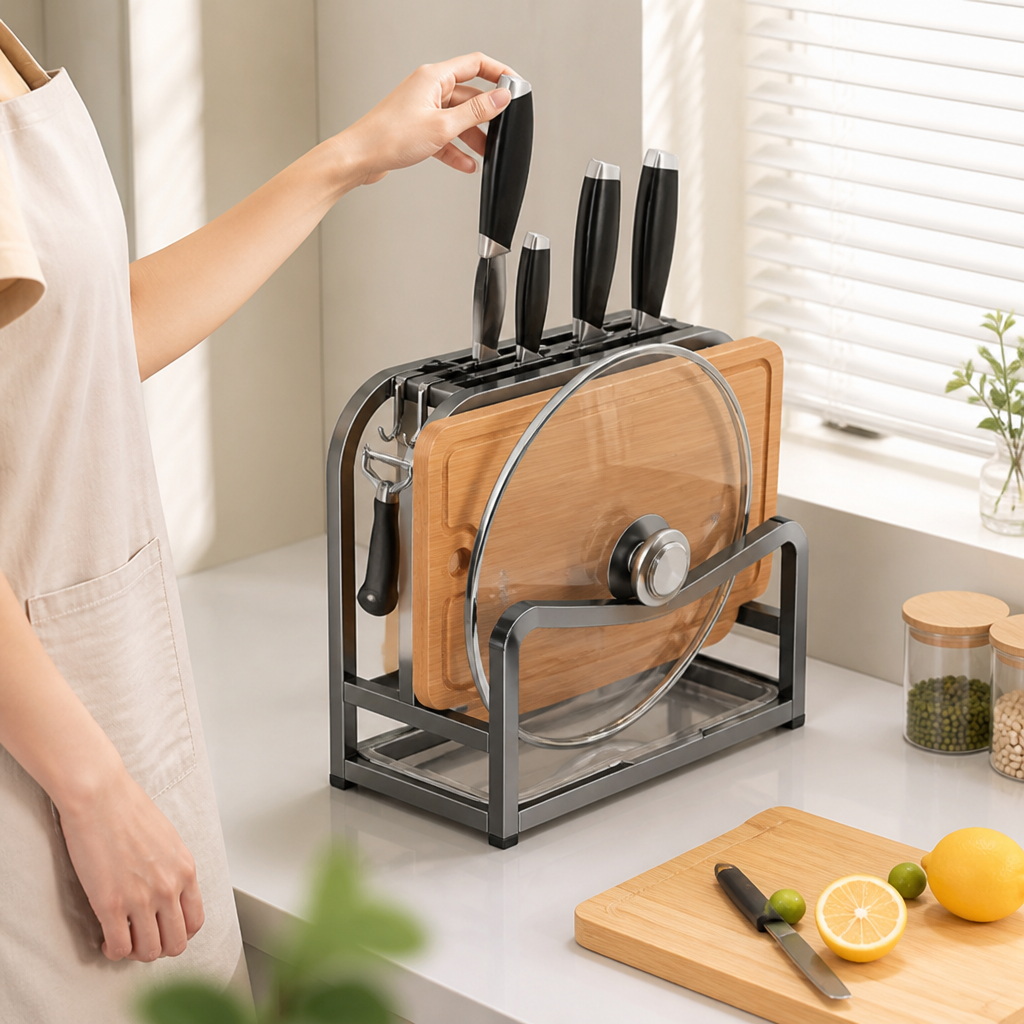 Knife Block 4 Slot Cutting Board & Lid Holder