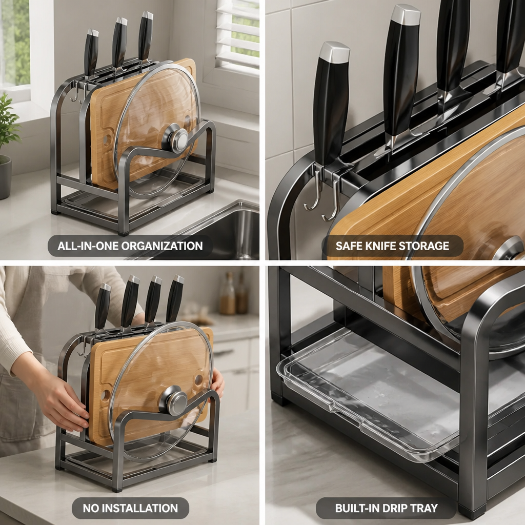 Knife Block 4 Slot Cutting Board & Lid Holder