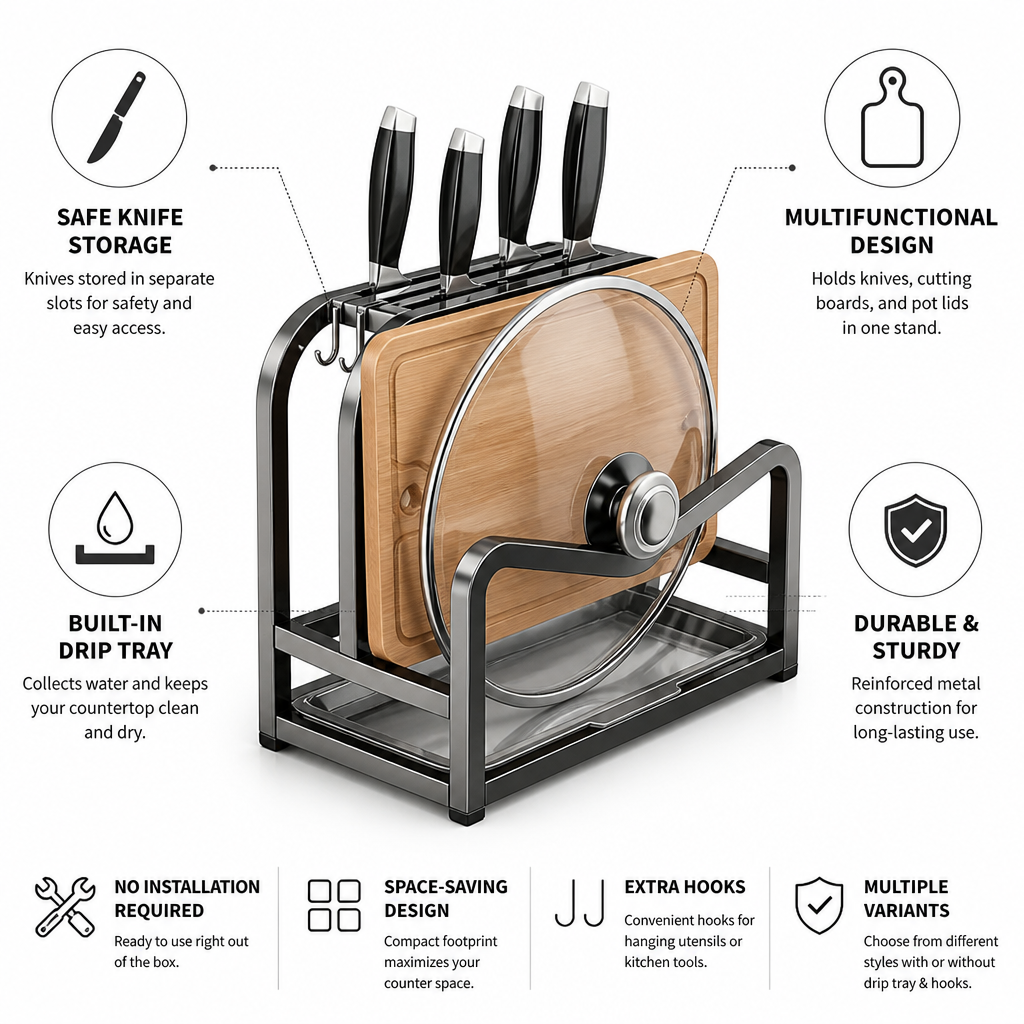 Knife Block 4 Slot Cutting Board & Lid Holder