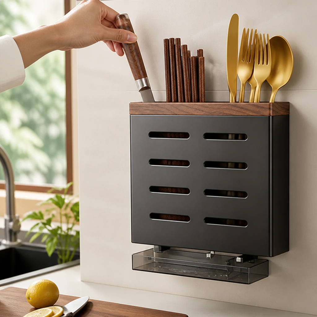 Knife Block & Chopstick Holder Walnut Wood Drip Tray