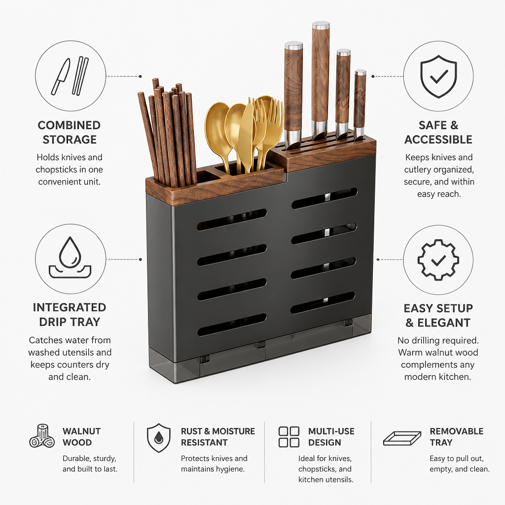 Knife Block & Chopstick Holder Walnut Wood Drip Tray