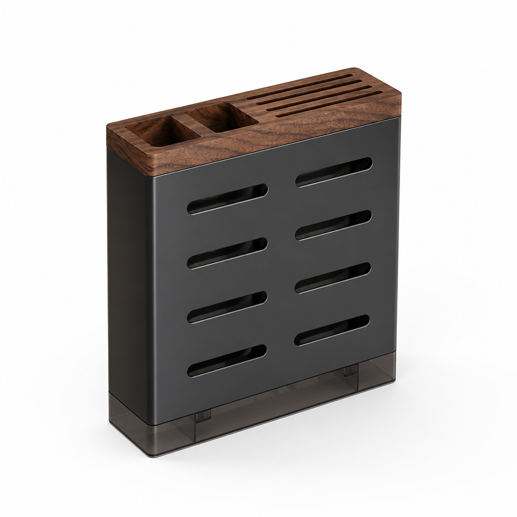 Knife Block & Chopstick Holder Walnut Wood Drip Tray