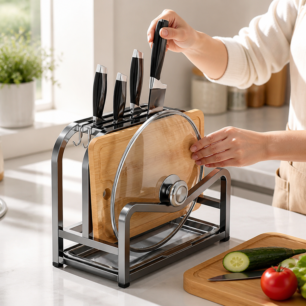 Knife Block Reinforced Metal Cutting Board & Lid Holder