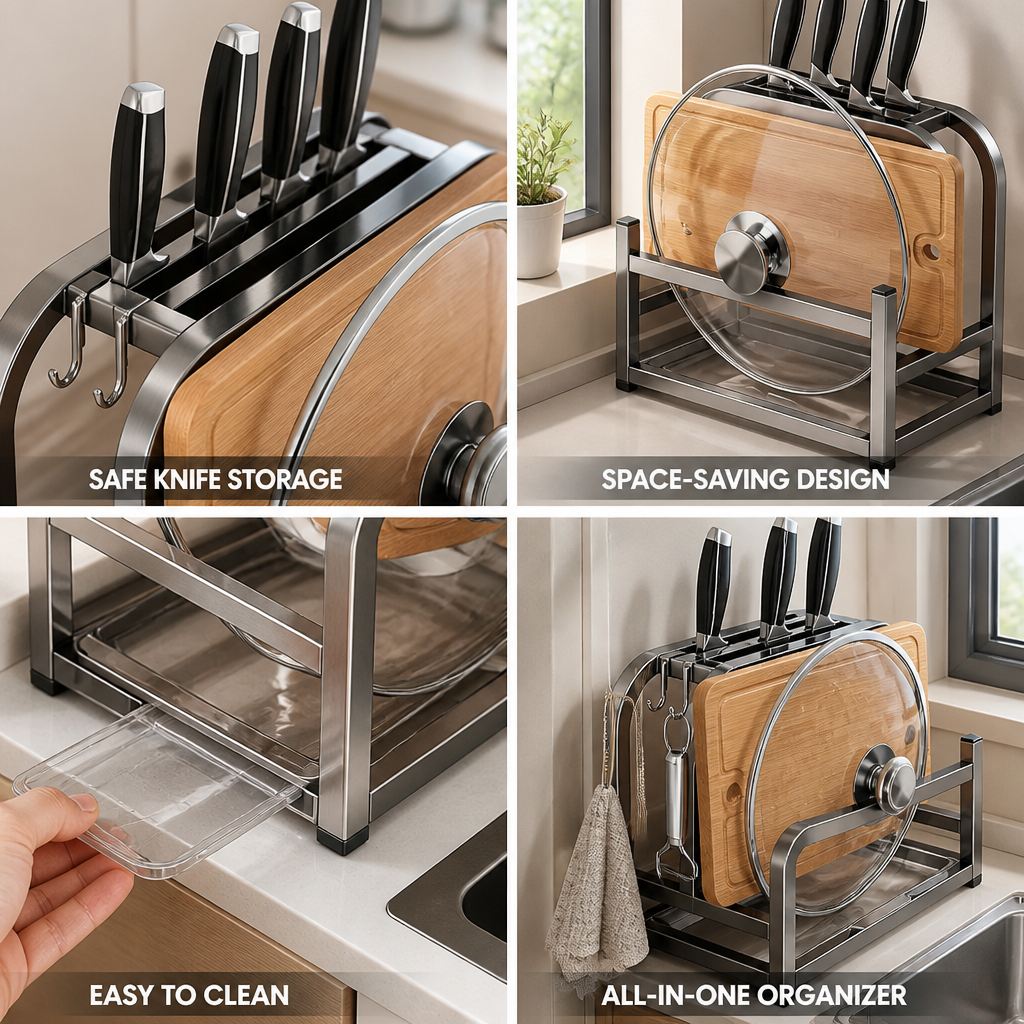 Knife Block Reinforced Metal Cutting Board & Lid Holder