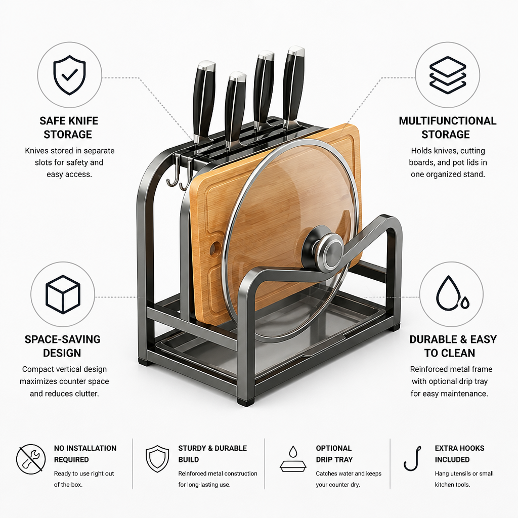 Knife Block Reinforced Metal Cutting Board & Lid Holder