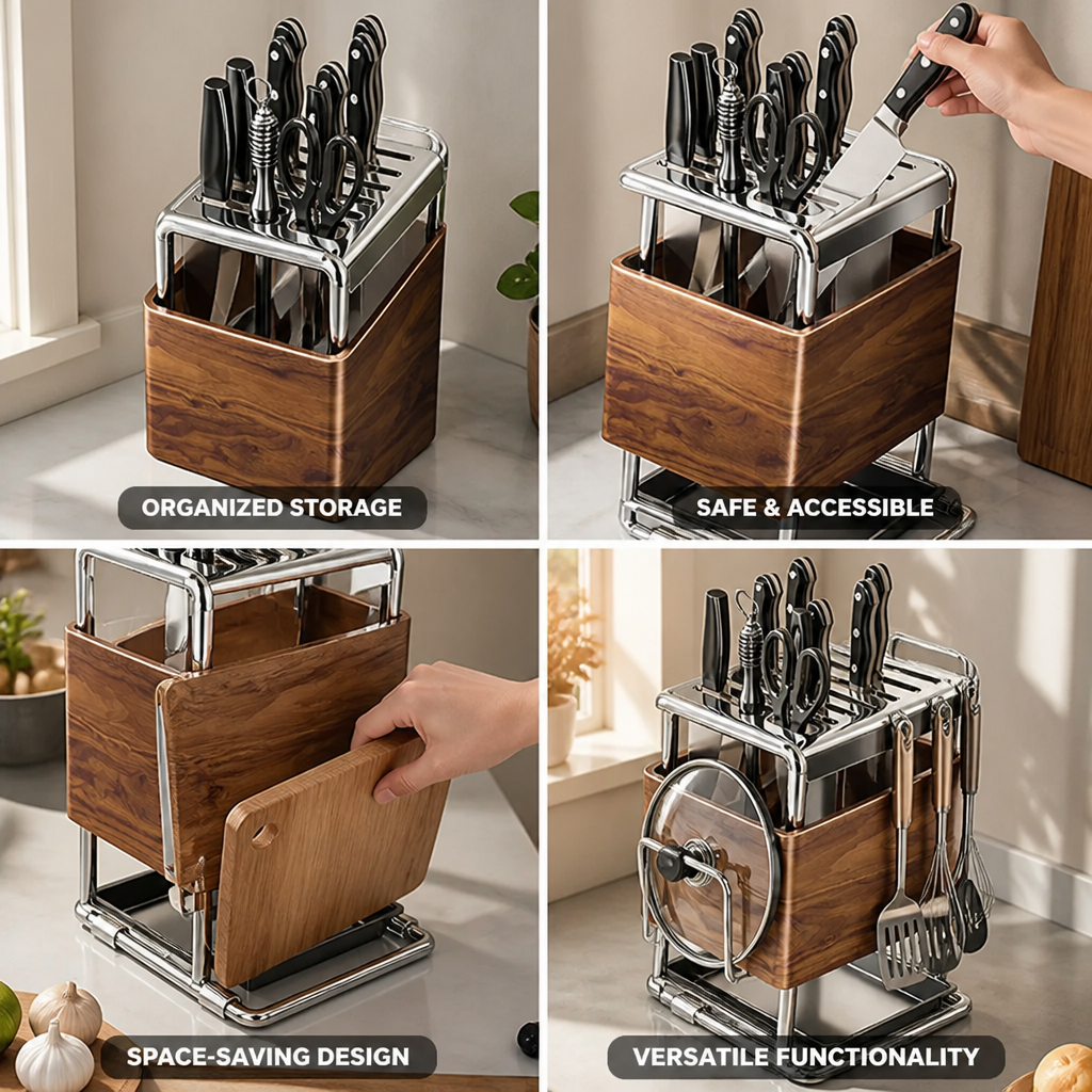 Knife Block Wood Look Cutlery & Board Storage