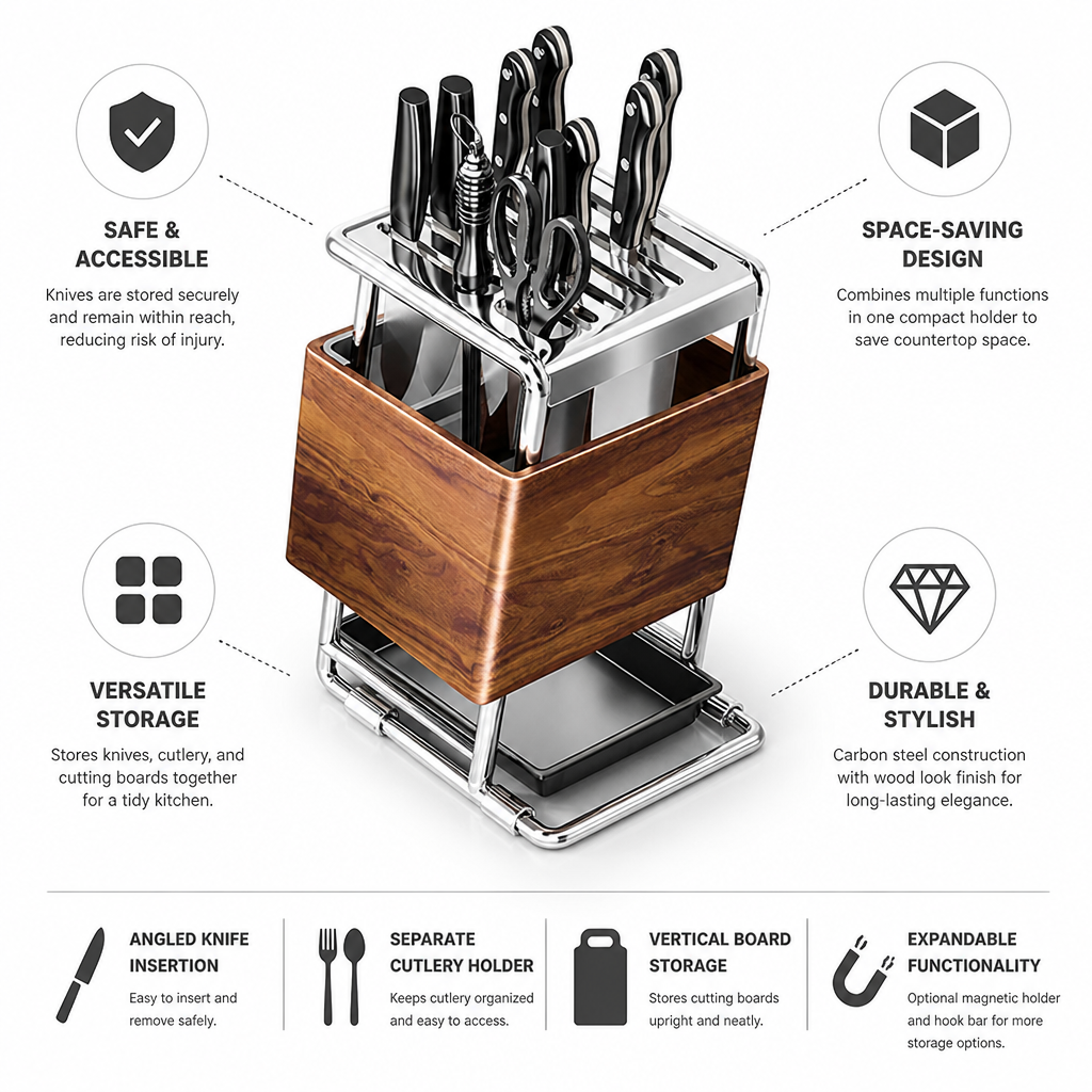Knife Block Wood Look Cutlery & Board Storage