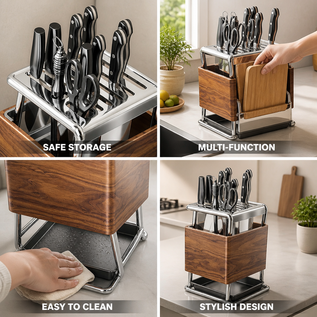 Knife Holder Wood-Look Cutlery & Board Storage