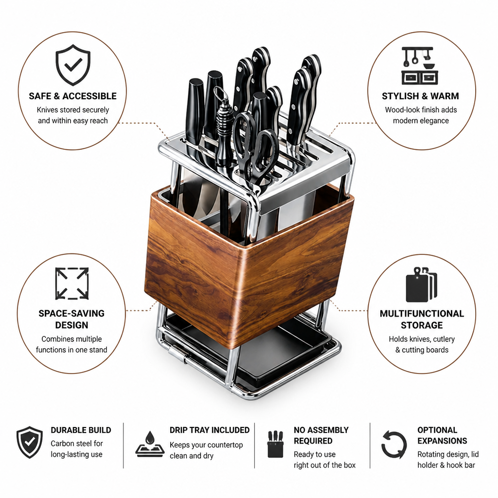 Knife Holder Wood-Look Cutlery & Board Storage