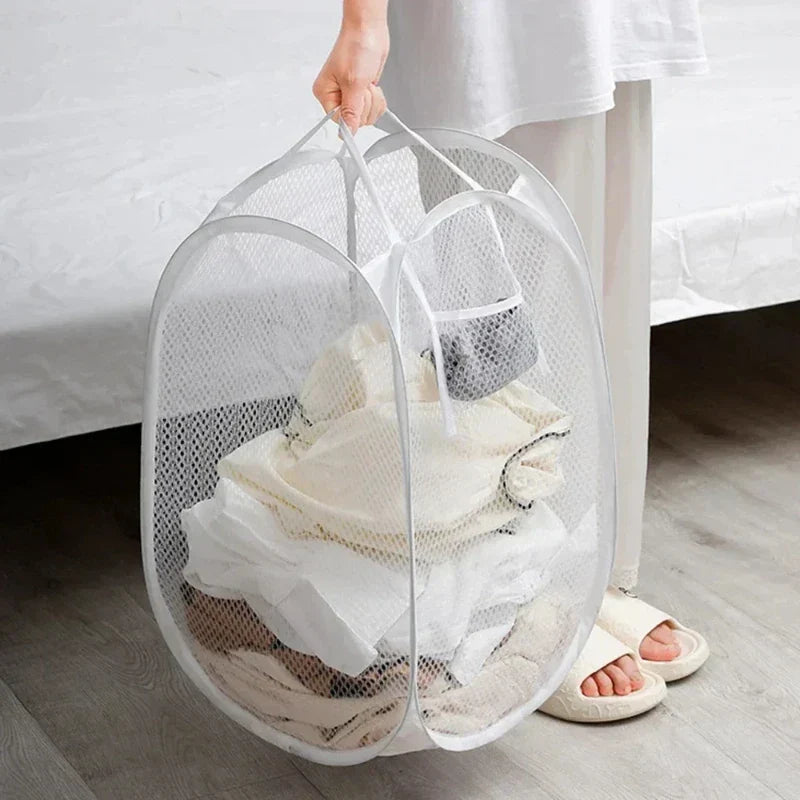 Laundry Basket Large Foldable Breathable Mesh Side Pocket