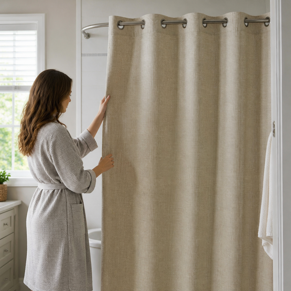 Linen-Texture Polyester Shower Curtain (Machine-Washable)