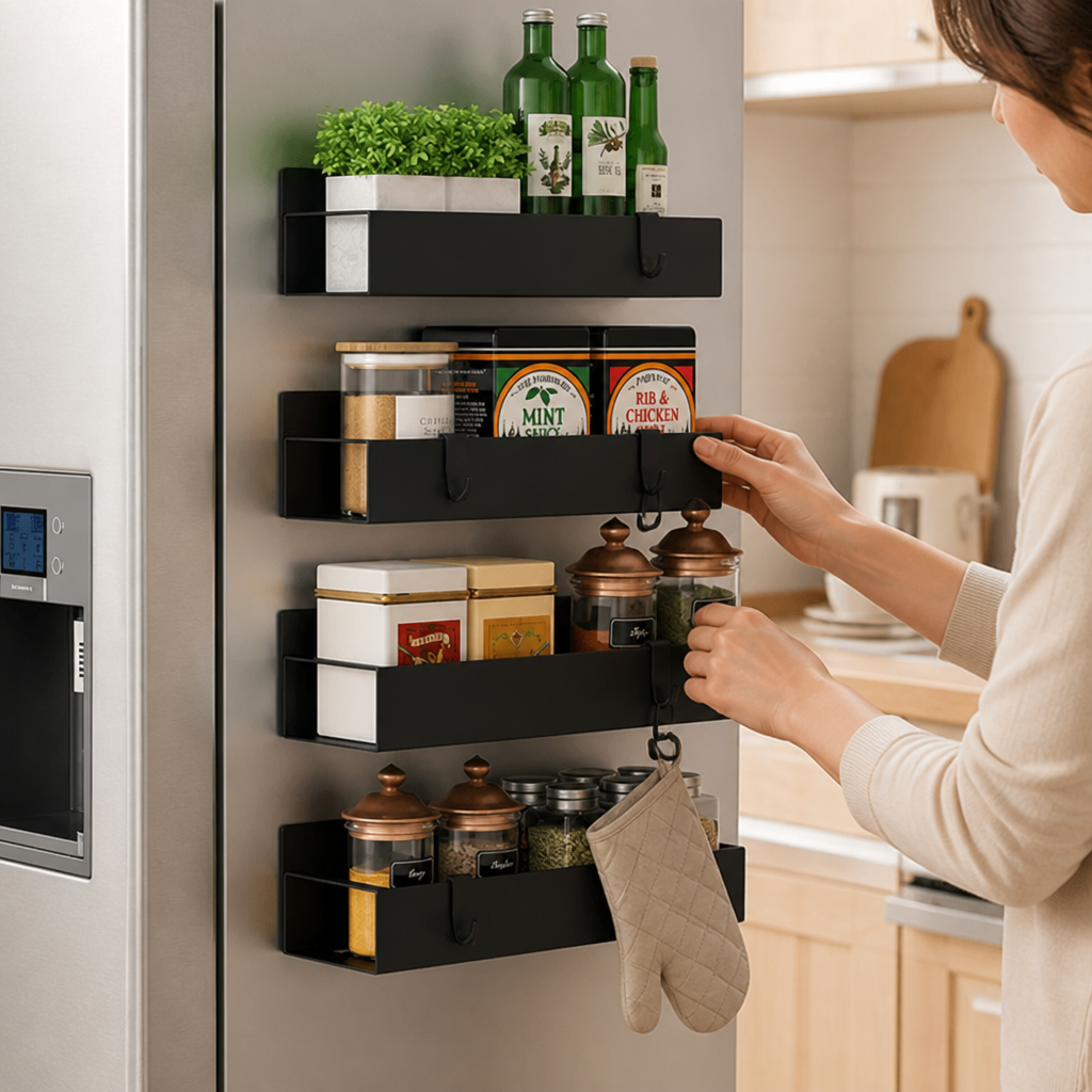 Magnetic Fridge-Mount Multi-Tier Spice Rack With Hooks