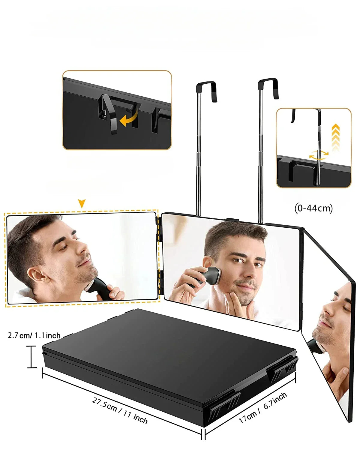 Makeup Mirror Foldable 3-Panel 360 Degree Rotation Telescopic Hook