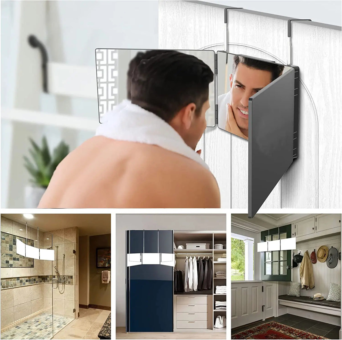 Makeup Mirror Foldable 3-Panel 360 Degree Rotation Telescopic Hook