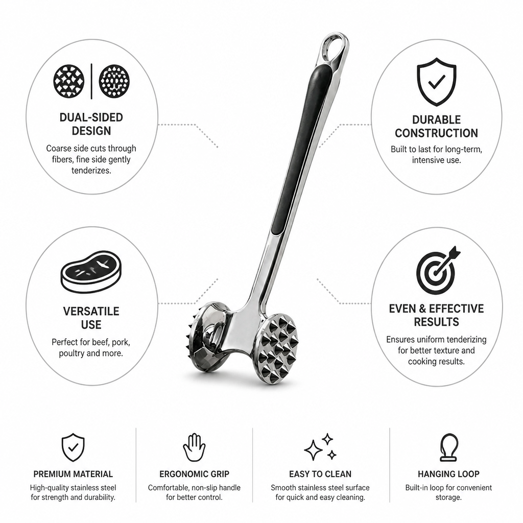 Meat Tenderizer Dual-Sided Coarse & Fine Ergonomic Grip