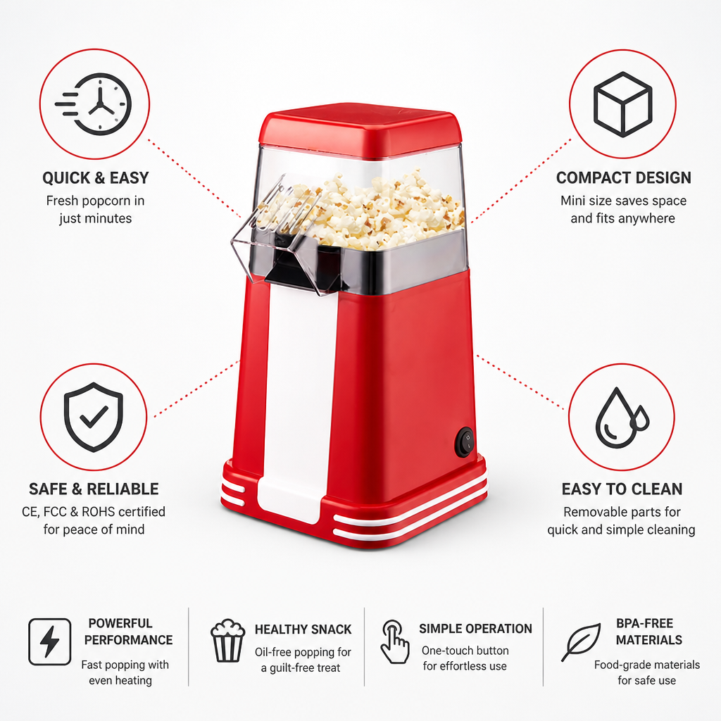 Mini Popcorn Maker Compact Space Saving Removable Parts & Easy Clean