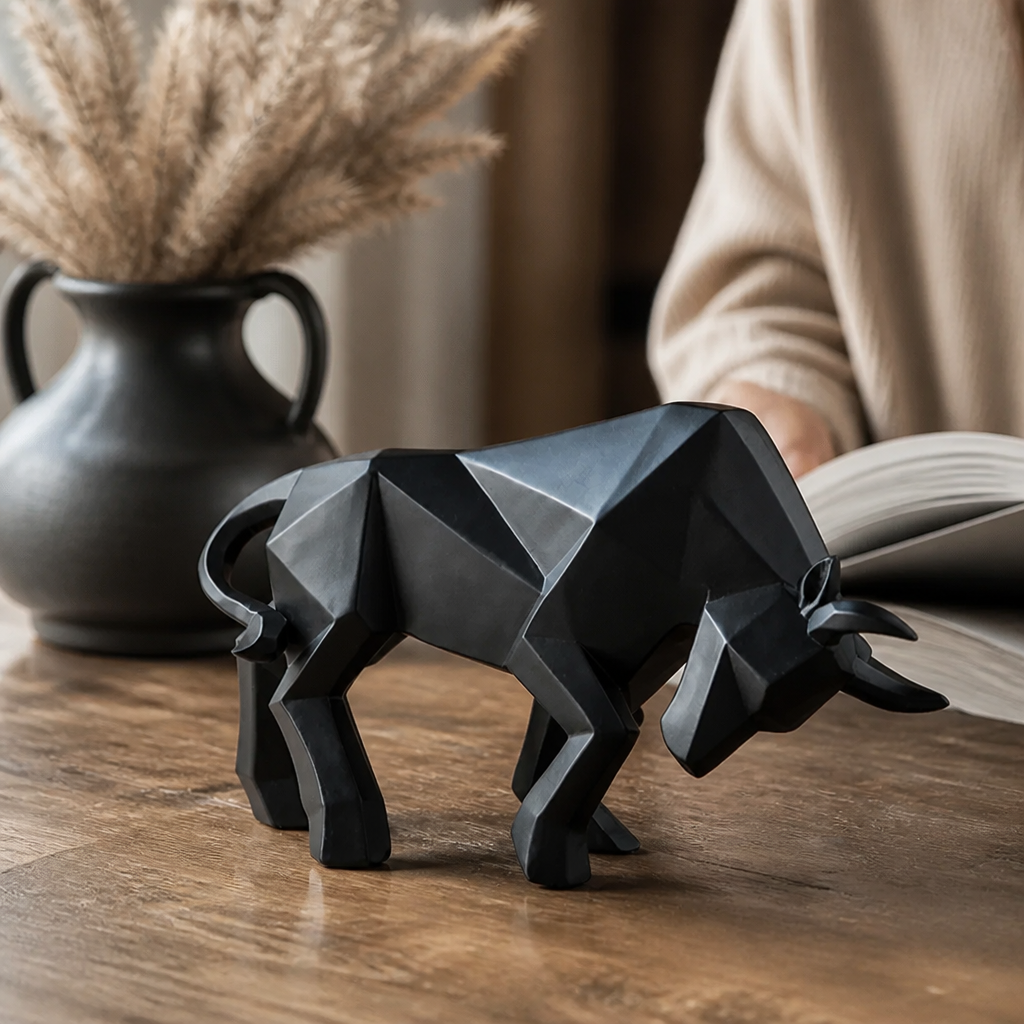 Modern Geometric Resin Tabletop Bull Sculpture