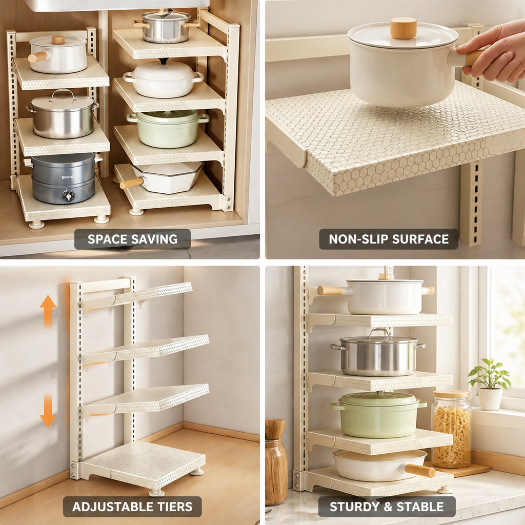 Multi-Tier Pot Rack Carbon Steel Honeycomb Non-Slip