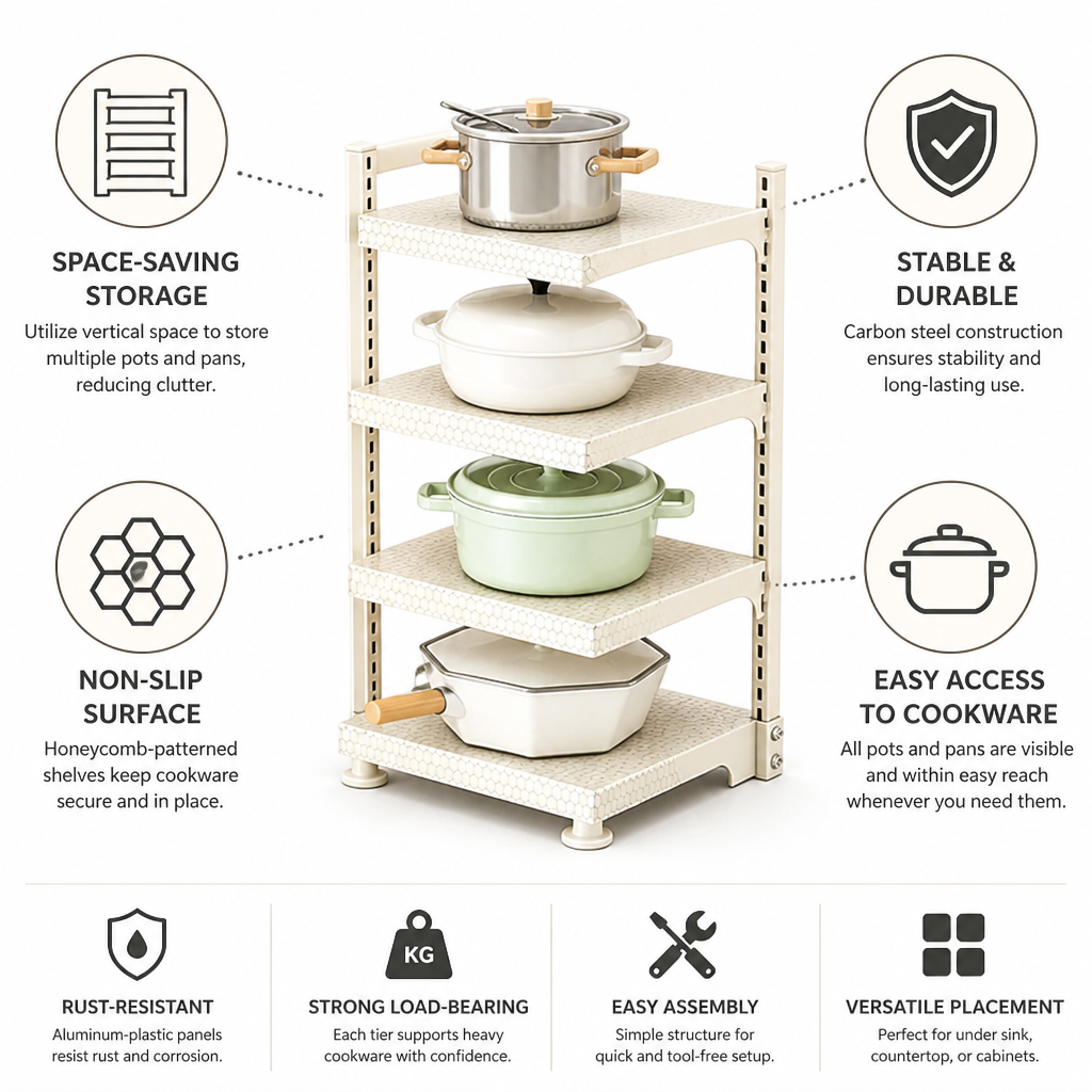 Multi-Tier Pot Rack Carbon Steel Honeycomb Non-Slip