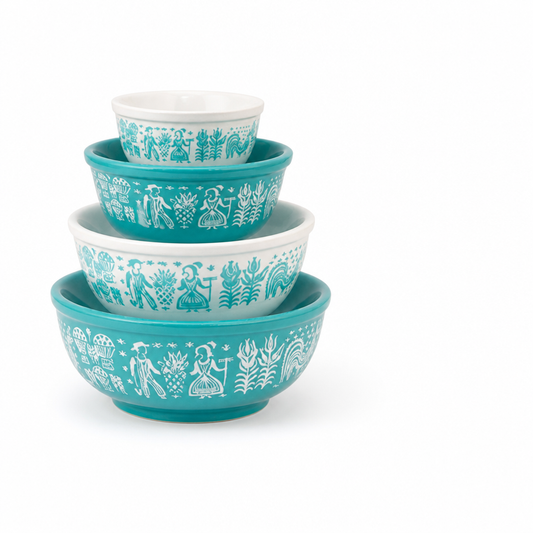 Nesting Bowl Set Glazed Ceramic Folk Bird & Floral Motif