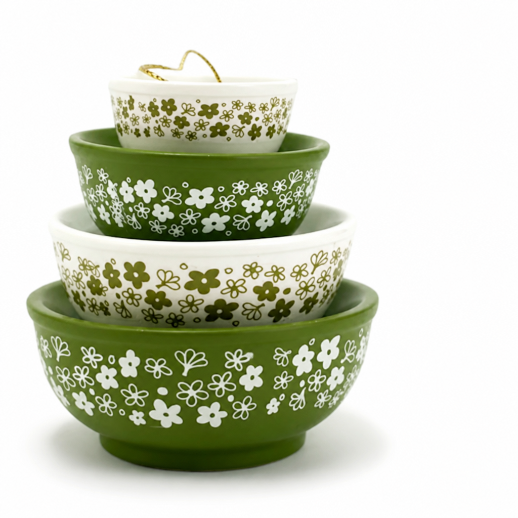 Nesting Bowl Set Glazed Ceramic Folk Bird & Floral Motif