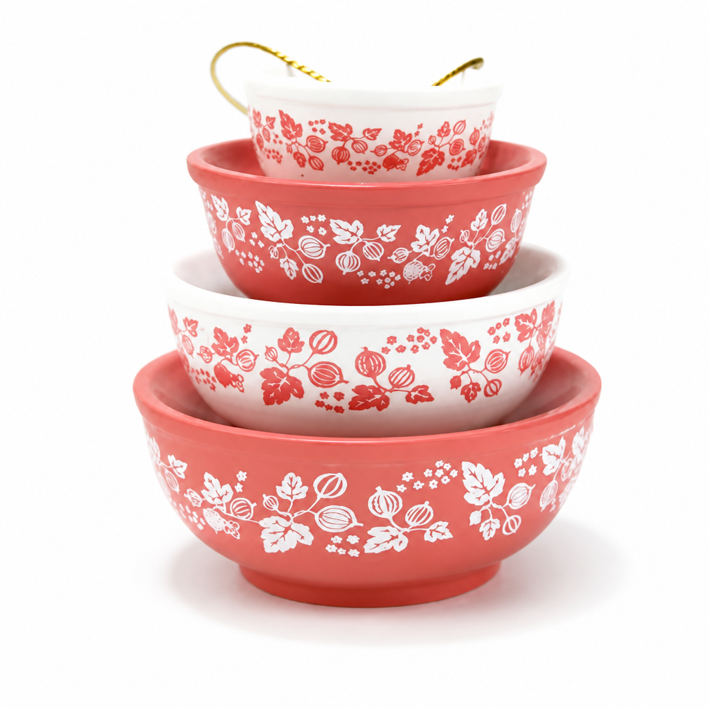 Nesting Bowl Set Glazed Ceramic Folk Bird & Floral Motif