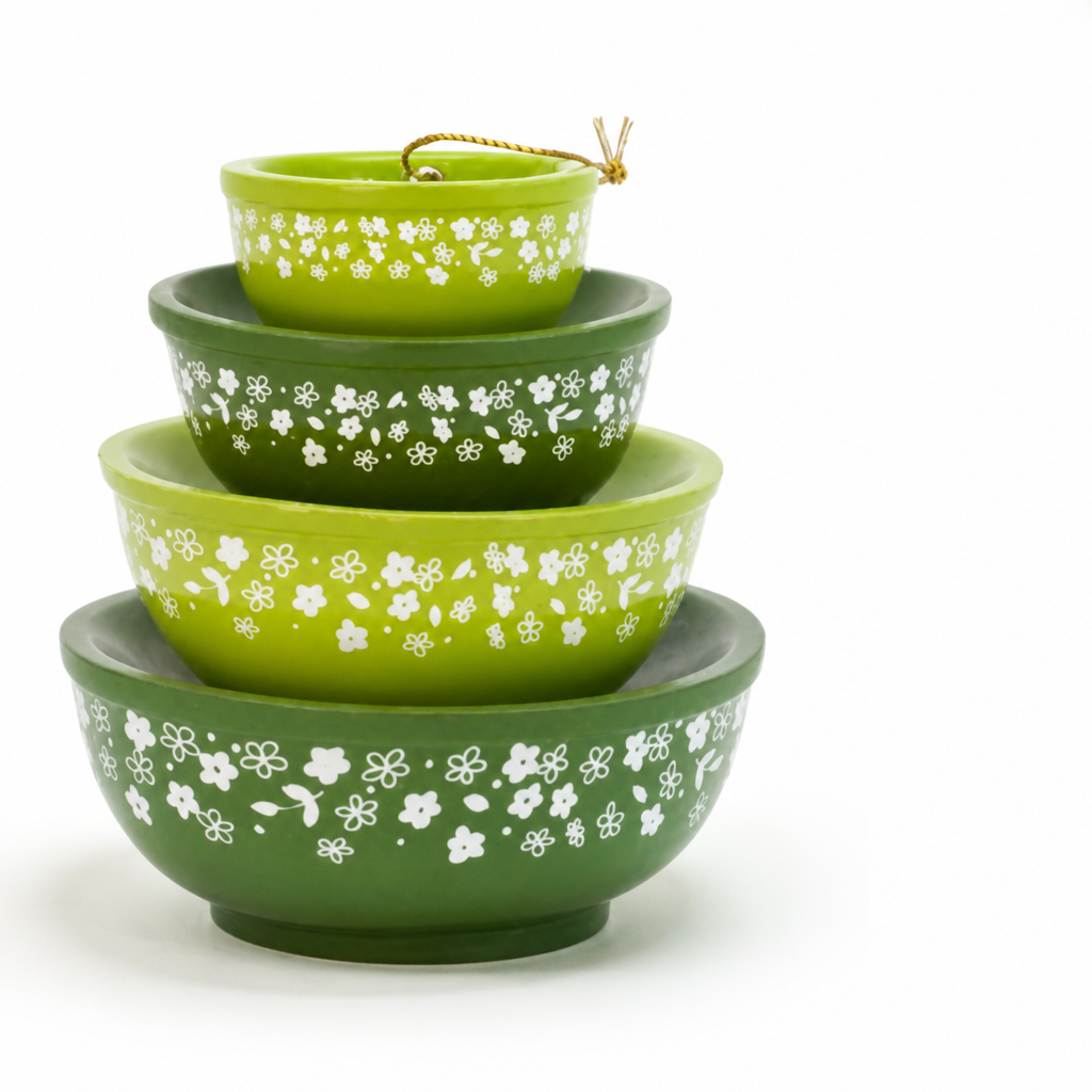 Nesting Bowl Set Glazed Ceramic Folk Bird & Floral Motif