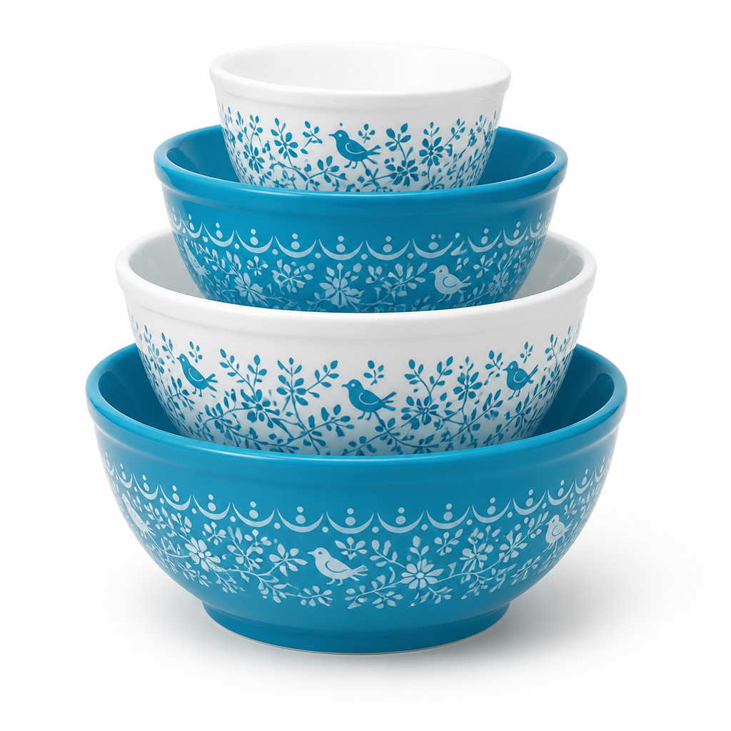 Nesting Bowl Set Glazed Ceramic Folk Bird & Floral Motif