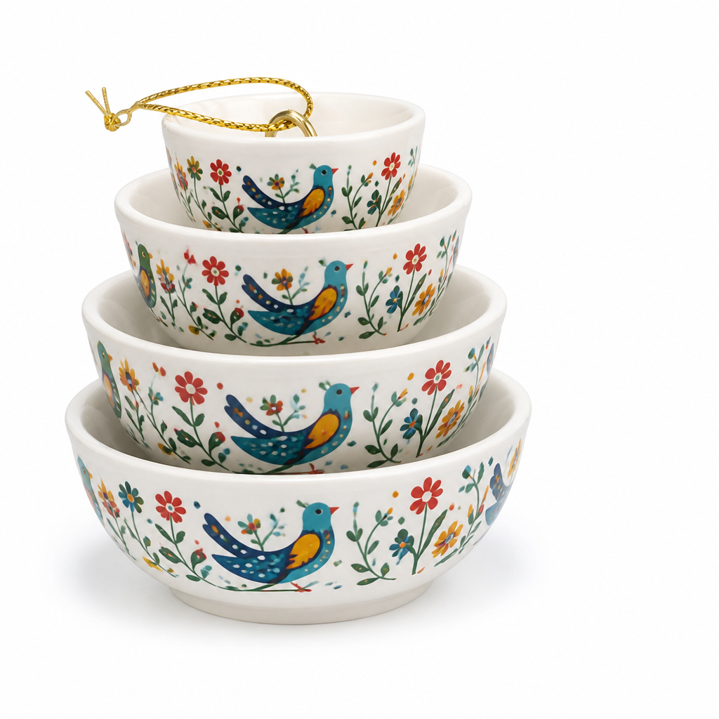Nesting Bowl Set Glazed Ceramic Folk Bird & Floral Motif